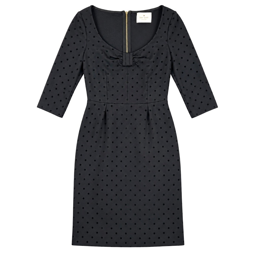 Kate Spade Flocked Polka Dot Sheath Dress Women's 2 Black Bow Scoop Neck Ponte